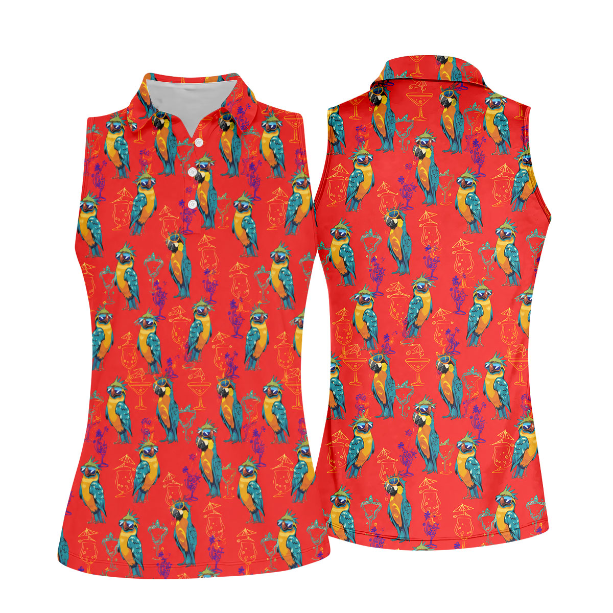 Red Parrot Sunglasses Cocktail Pattern Golf Shirt, Hawaiian Golf Shirt, Golf Tops For Women, Women’s Golf Apparel