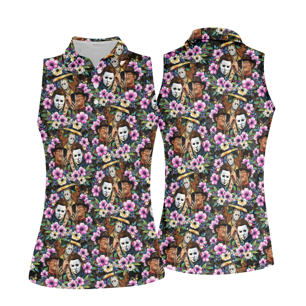 Floral Horror Character Halloween Golf Polo Shirt, Horror Movie Shirt, Women's Golf Polo