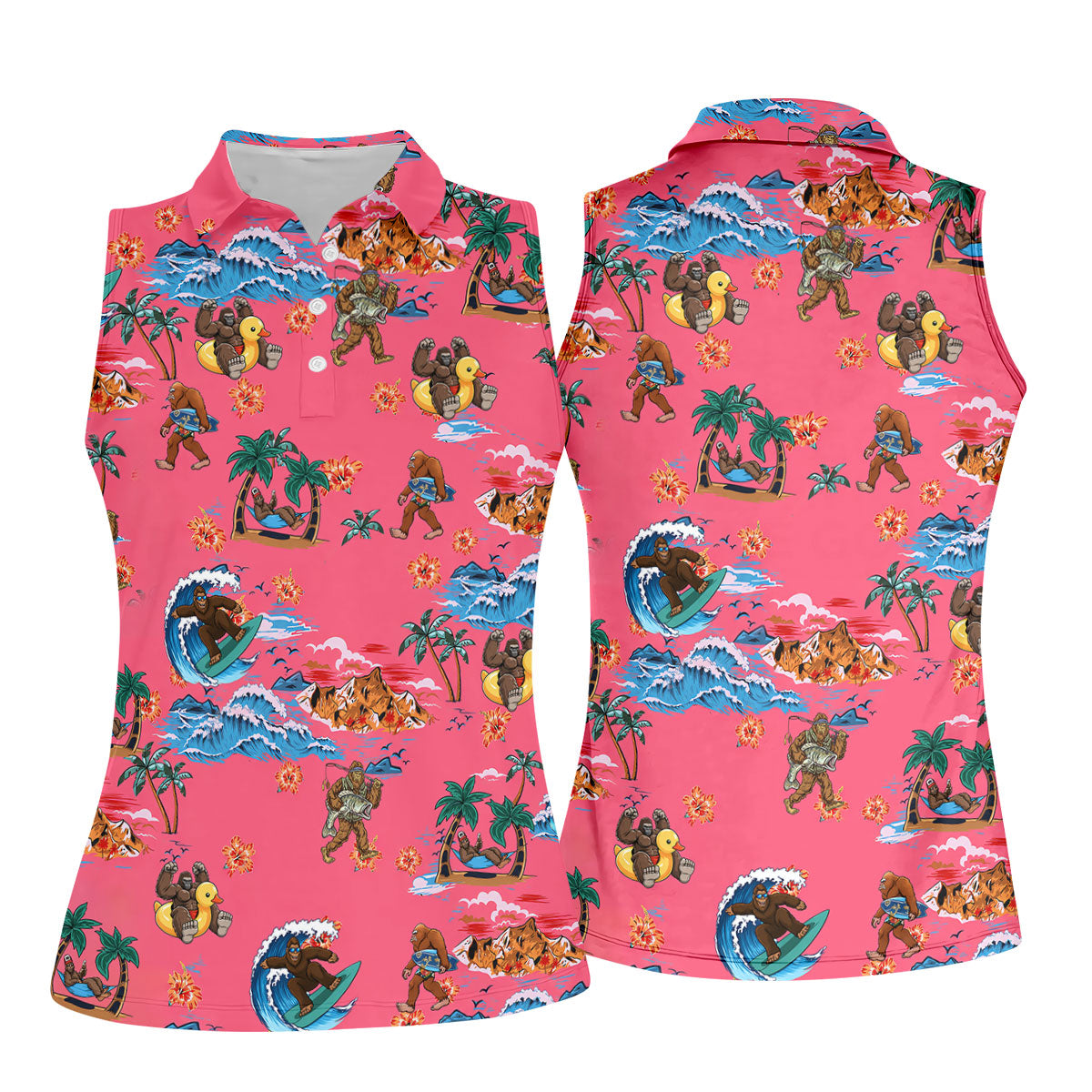 Pink Tropical Bigfoot Hawaiian Golf Polo Shirt, Golf Shirts For Women, Women's Golf Polo