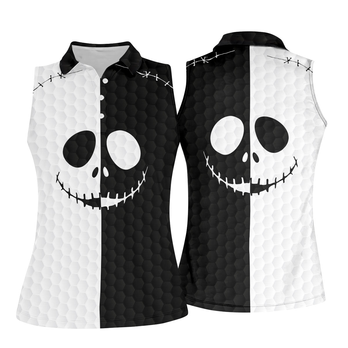 Black White Skull Face Halloween Golf Polo Shirt, Womens Golf Tops, Hawaiian Golf Shirt