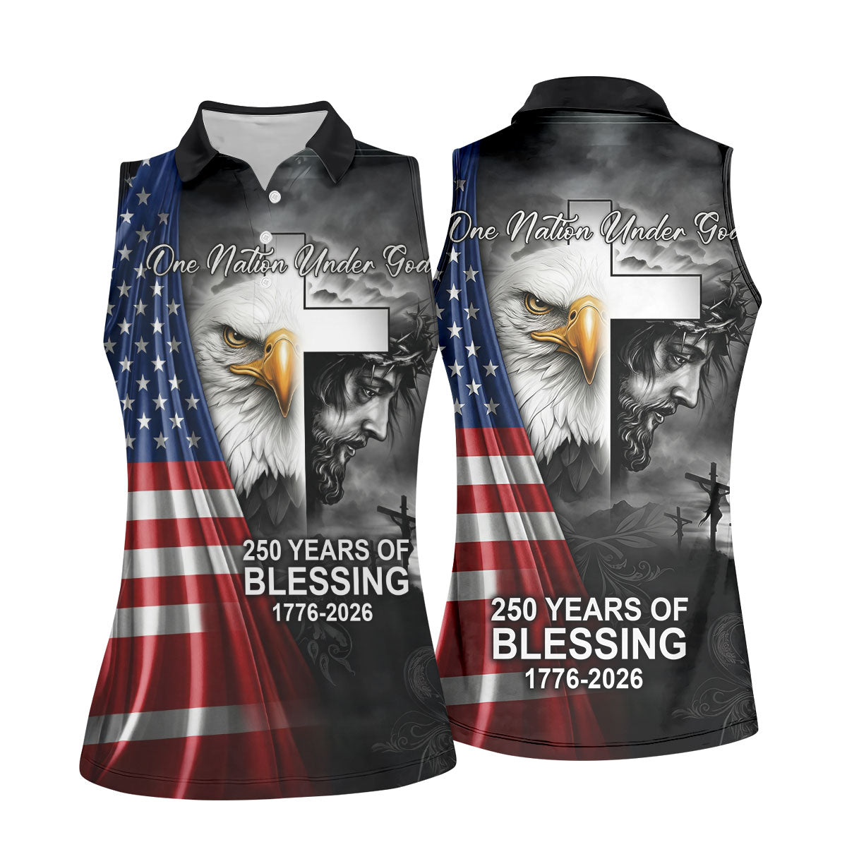 One Nation Under God 250 Years Of Blessing Faith Cross US Flag Golf Shirt, 4th Of July Golf Shirt For Women