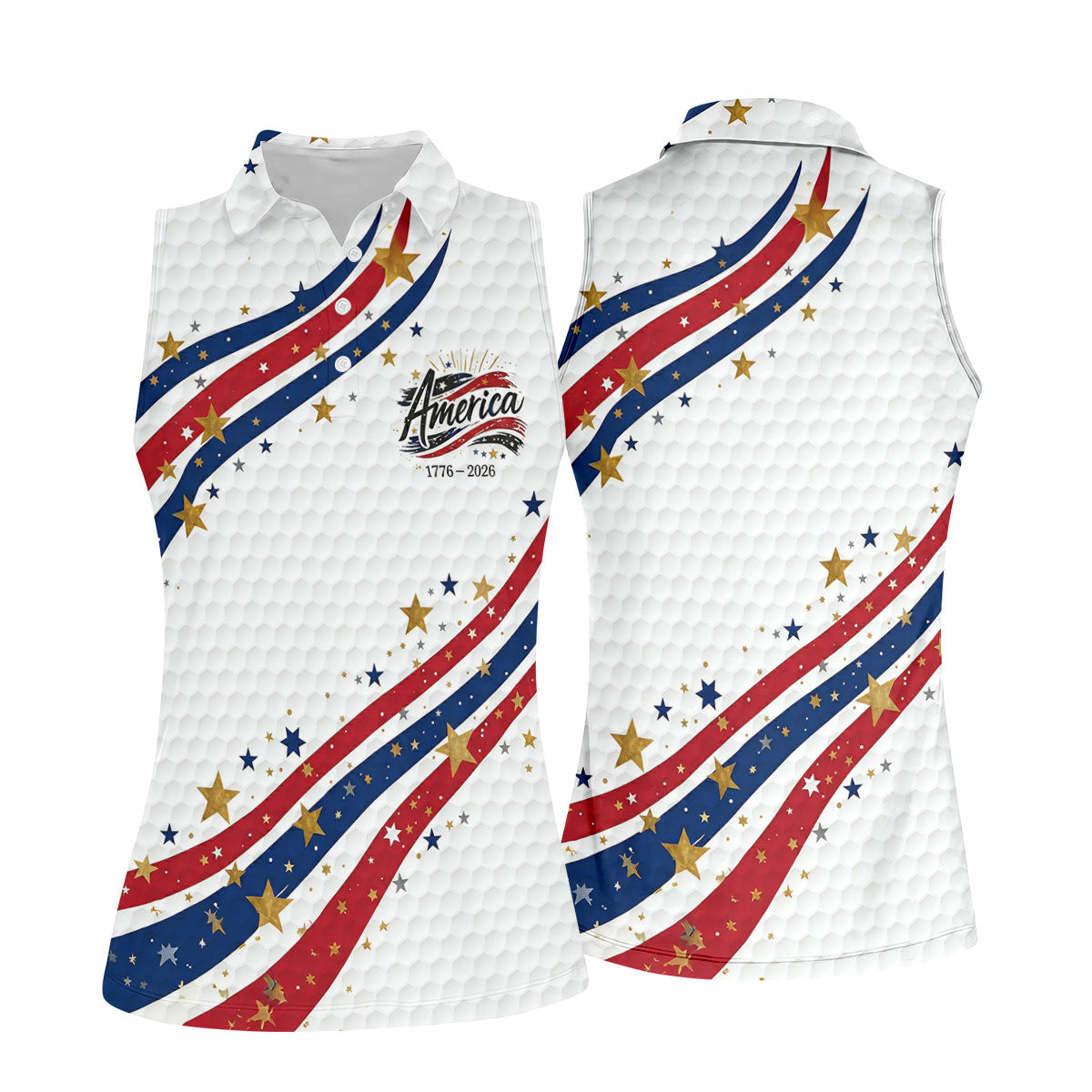 Red White Blue Wavy Stripes Golf Ball Pattern Patriotic Golf Shirt, 250th Anniversary Golf Shirt For Women