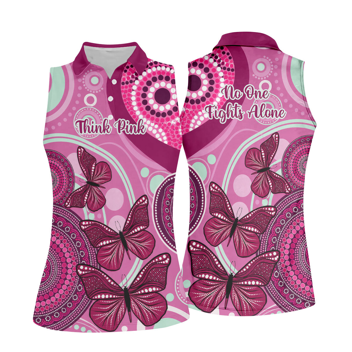 Think Pink No One Fights Alone Breast Cancer Shirt, Women’s Golf Polo, Ladies Golf Top