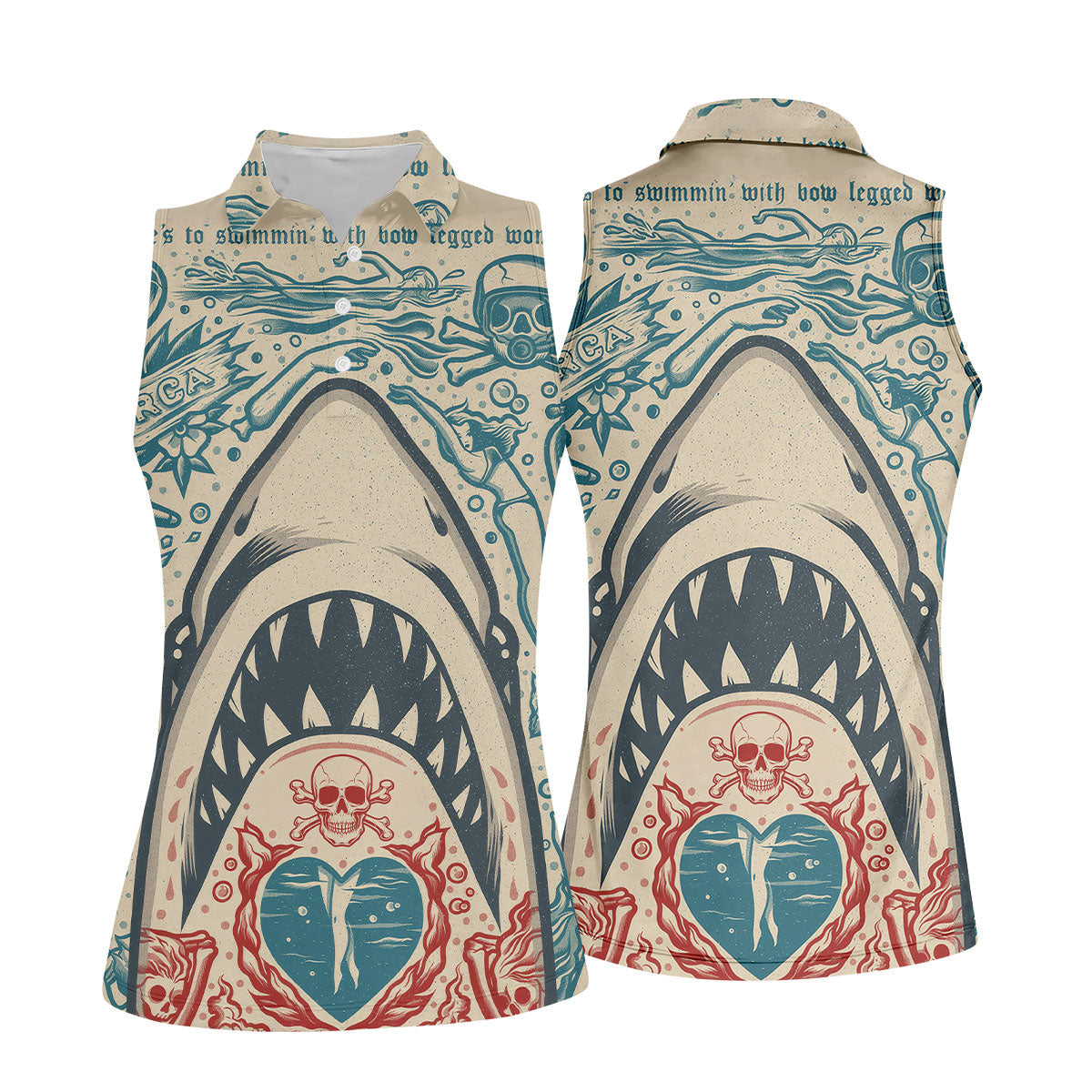 Vintage Shark Jaw Tattoo Art Golf Polo Shirt, Golf Shirts For Women, Women's Golf Apparel