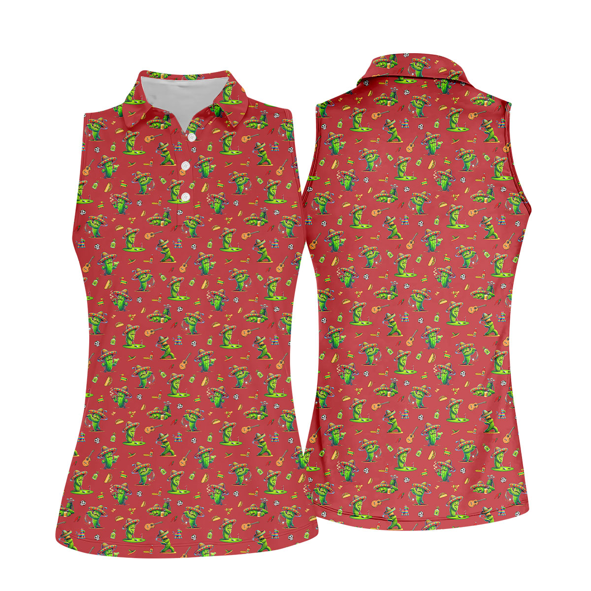 Cartoon Mustach Funny Cactus Cinco De Mayo Celebration Fiesta Themed Red Golf Shirt For Women
