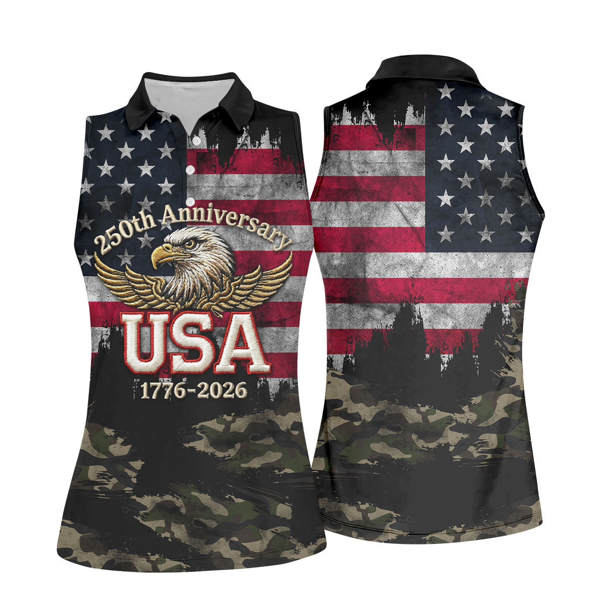 250th Anniversary Camo Golf Shirt, Distressed US Flag Patriotic 4th Of July Golf Shirt For Women