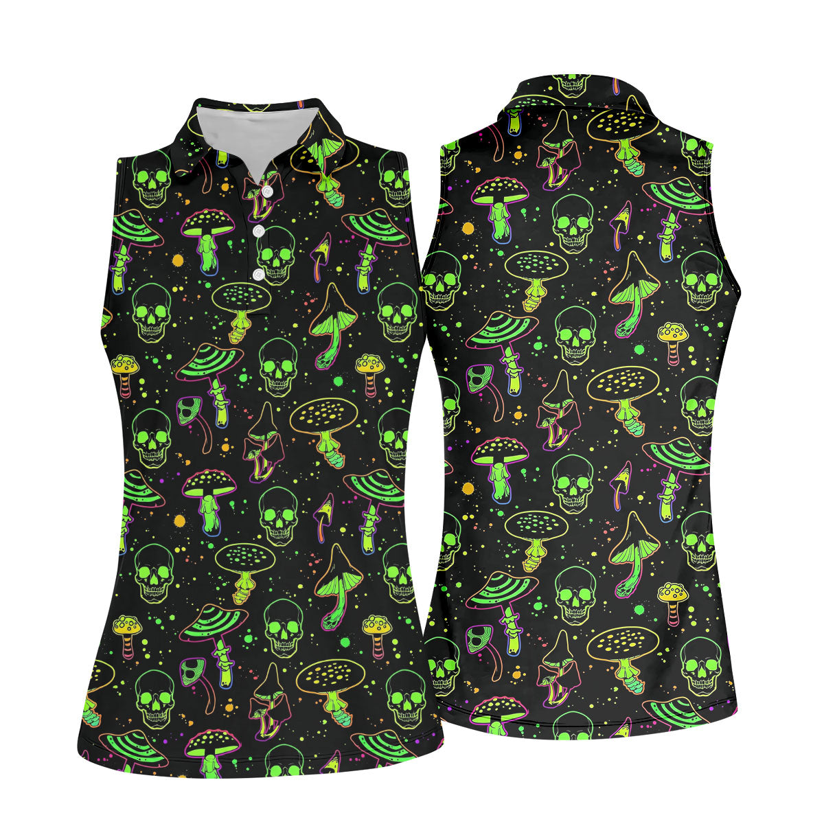 Mushroom And Skull Neon Pattern Hawaiian Golf Shirt, Fun Golf Shirt, Women's Golf Tops