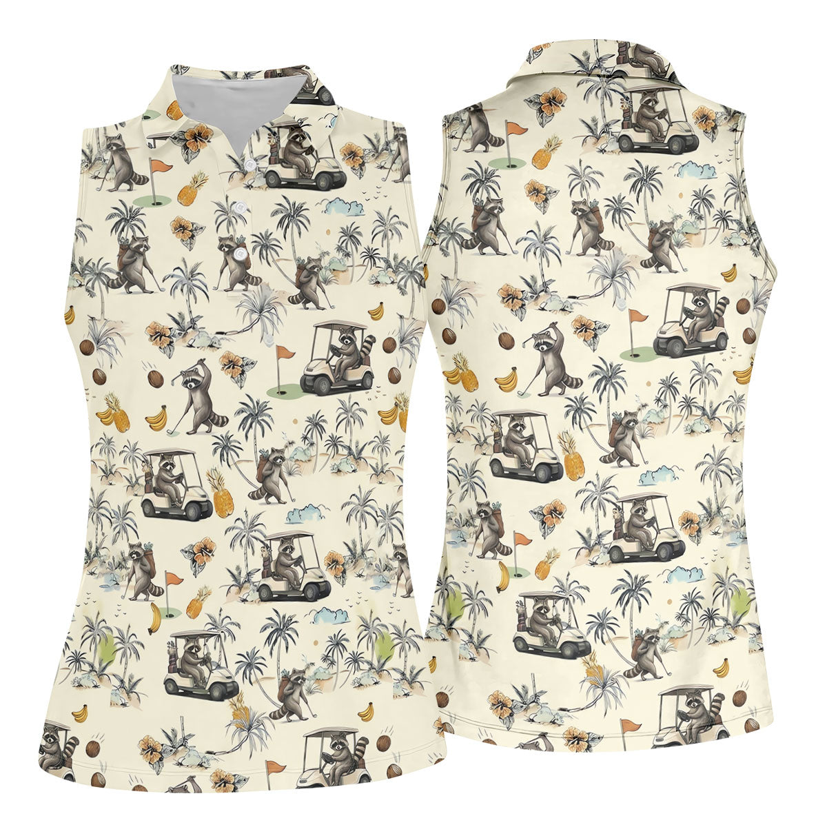 Funny Raccoon Golf Cart Tropical Pattern Polo Shirt, Womens Golf Polo, Ladies Golf Top