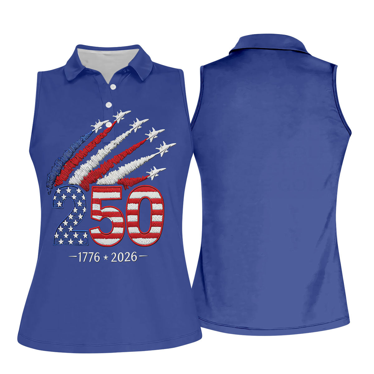 Flying Fighter Jets Faith Cross Patriotic 4th Of July Blue Golf Shirt, 250 Years Golf Shirt For Women