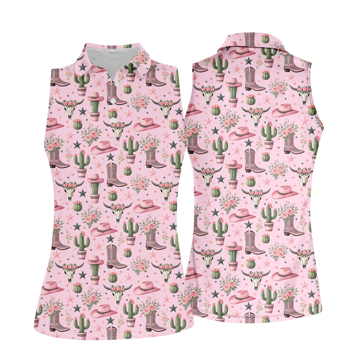 Pink Western Boots Roses Cactus Pattern Hawaiian Golf Shirt, Printed Golf Shirt, Women’s Golf Apparel
