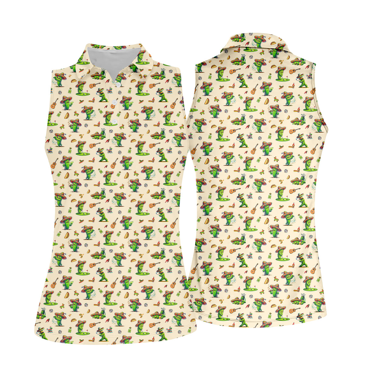 Cartoon Mustach Funny Cactus Cinco De Mayo Celebration Fiesta Themed Beige Golf Shirt For Women