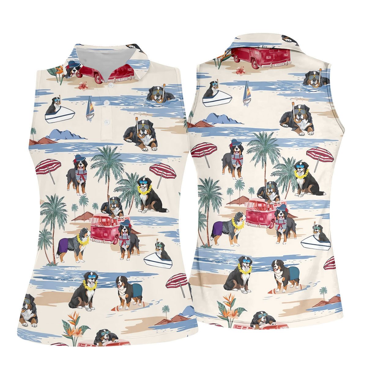 Tropical Bernese Mountain Dog Beach Hawaiian Golf Polo Shirt, Golf Polo For Women, Ladies Golf Top