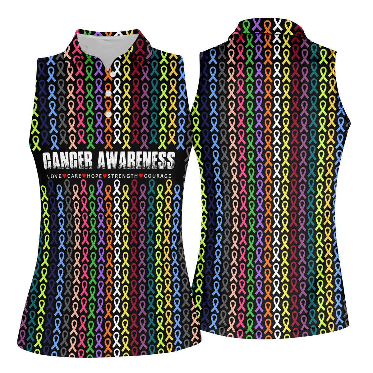 Multicolor Ribbon Cancer Awareness Polo Shirt, Womens Golf Tops, Women's Golf Apparel