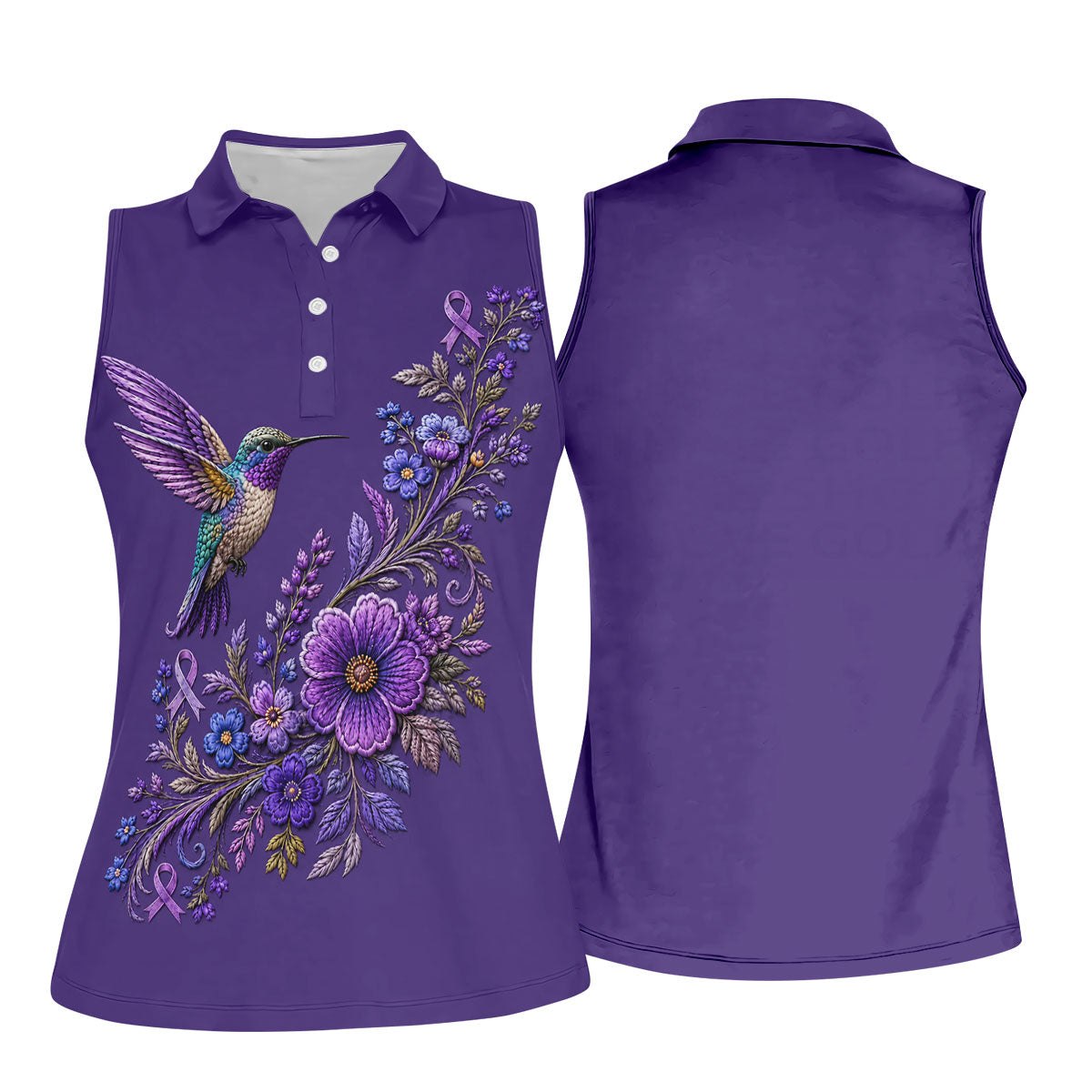 Purple Hummingbird Cancer Awareness Polo Shirt, Womens Sleeveless Golf Shirt, Ladies Golf Top