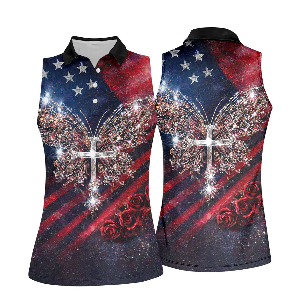 Vintage Faith Rhinestone Butterfly American Flag Golf Shirt, 250 Years Patriotic 4th Of July Golf Shirt For Women