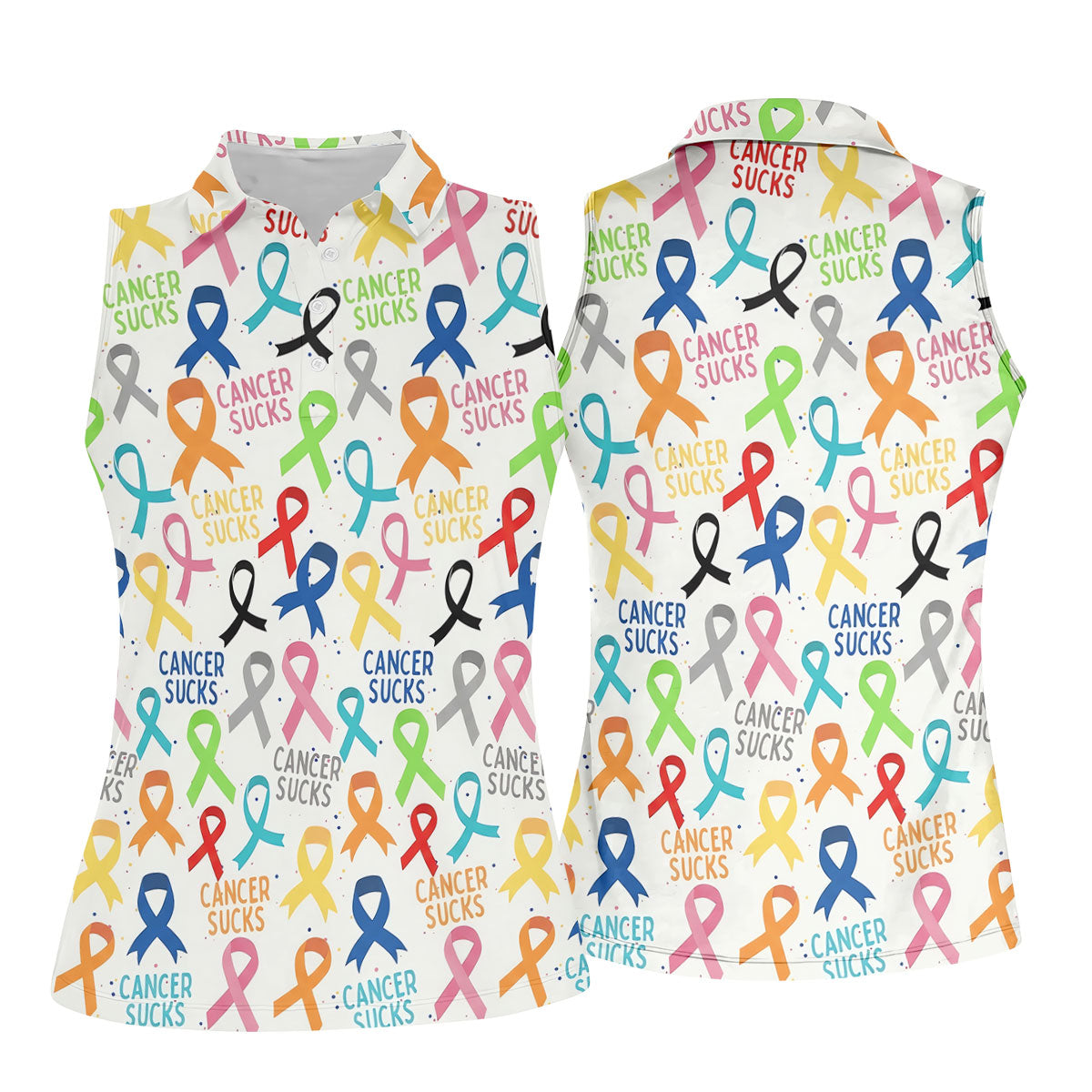 Cancer Sucks Multicolor Awareness Ribbon Polo Shirt, Ladies Golf Tops, Women’s Golf Polo