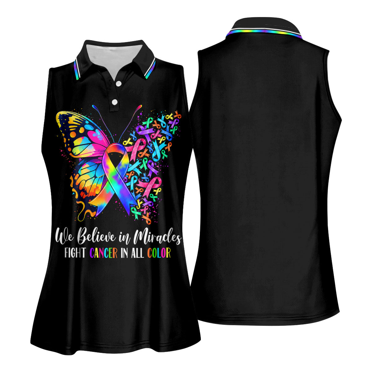 We Believe In Miracles Butterfly Cancer Polo Shirt, Women's Golf Tops, Printed Golf Shirt