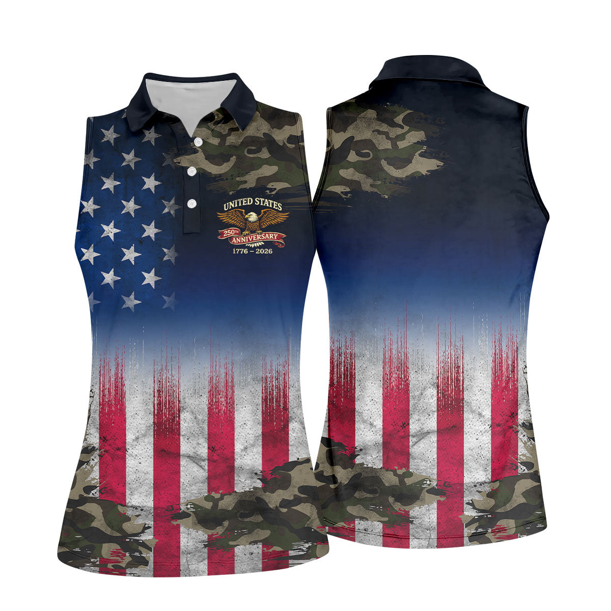 United States 250th Anniversary Camo Patriotic 4th Of July Golf Shirt, Distressed Flag Golf Shirt For Women