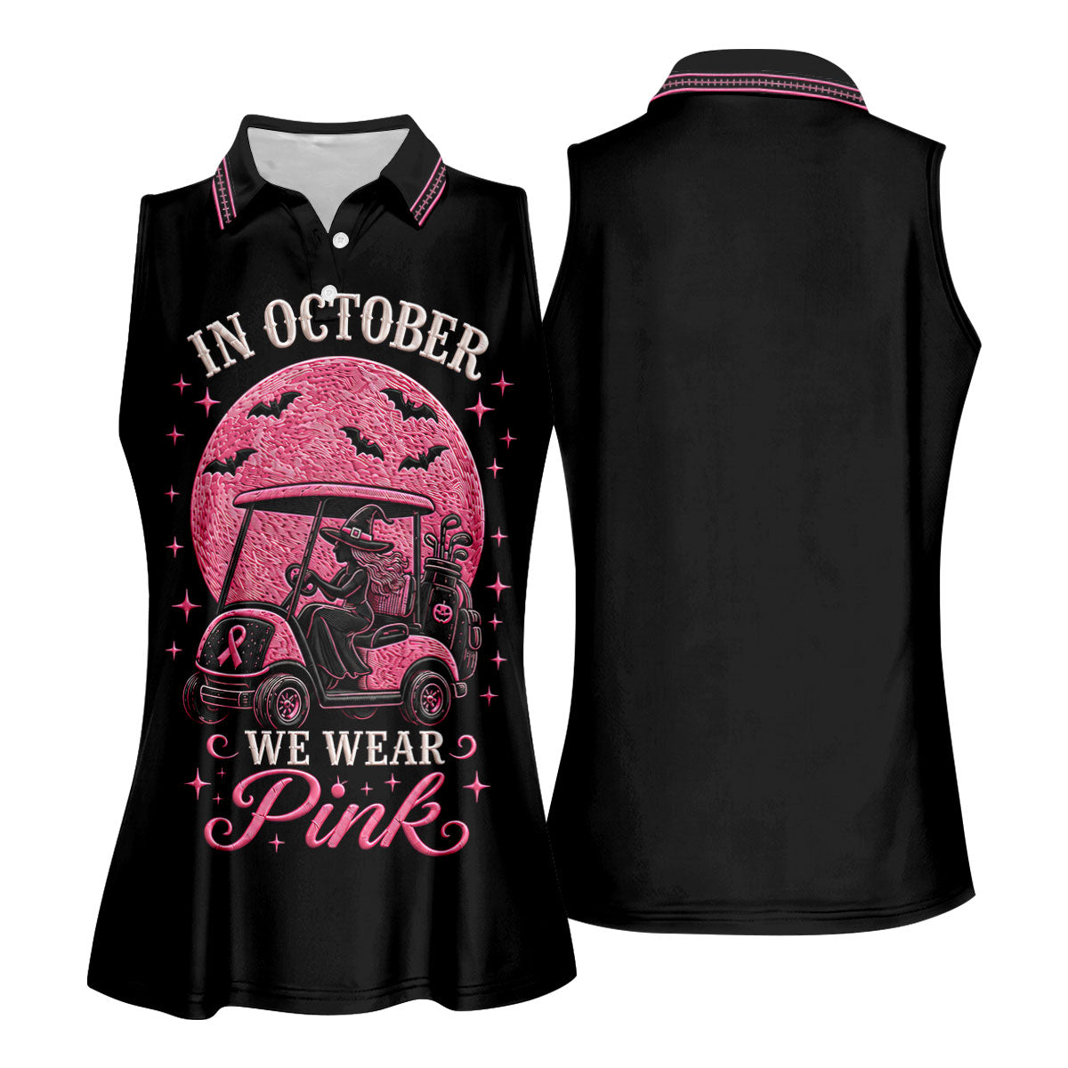 In October We Wear Pink Witch Breast Cancer Golf Polo Shirt, Golf Tops For Women