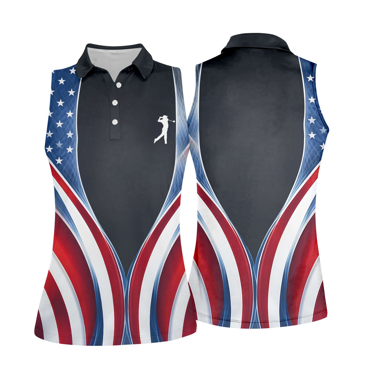 Red White Blue Wavy Stripes Patriotic Golf Shirt, 250 Years 4th Of July Golf Shirt For Women