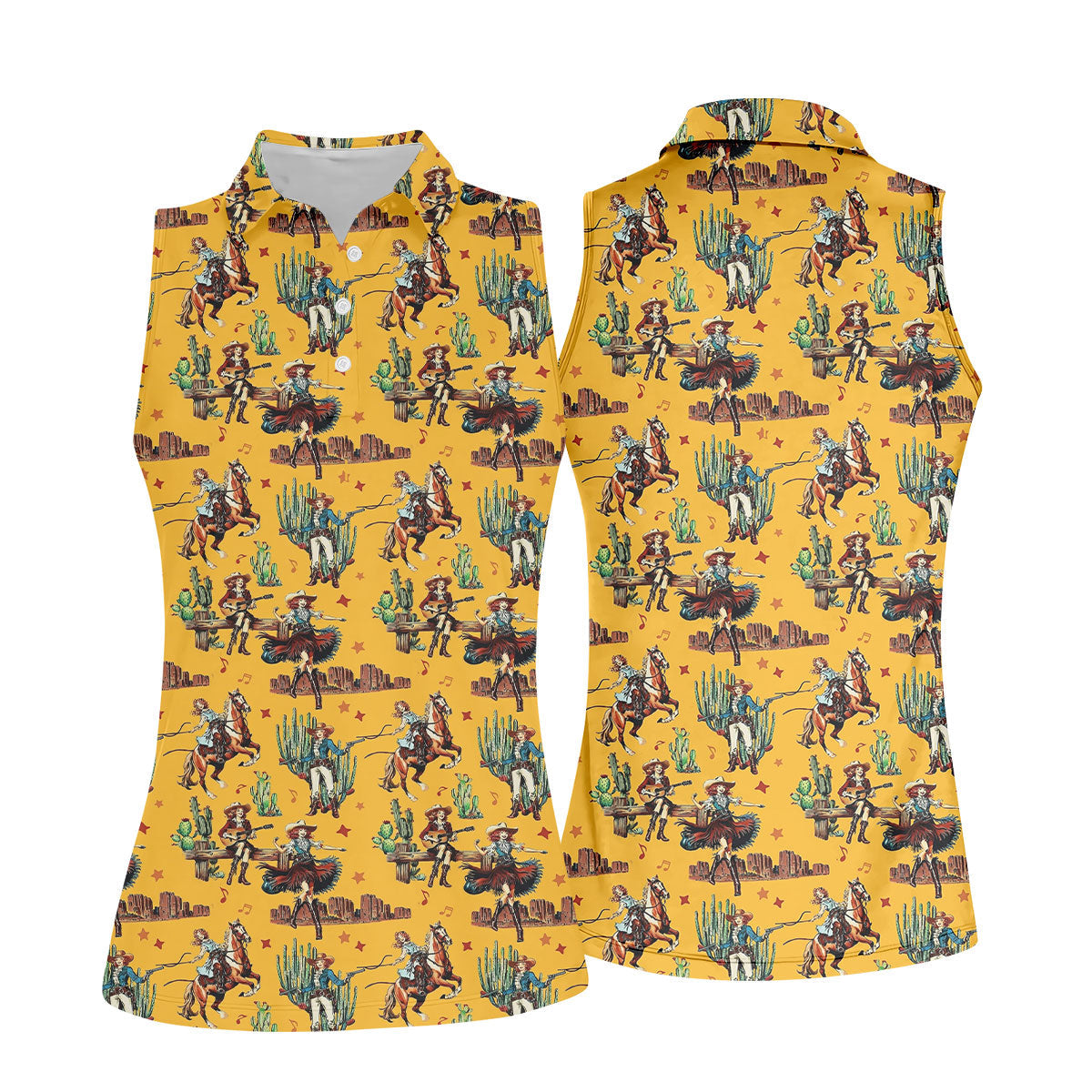 Yellow Cowboy Rodeo Desert Western Hawaiian Golf Shirt, Women's Golf Tops, Golf Polo For Women
