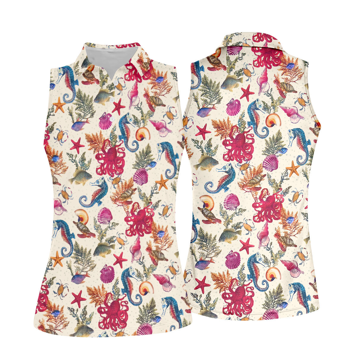 Marine Life Coral Reef Pattern Golf Shirt, Women's Golf Shirt, Hawaiian Golf Shirt, Golf Polo For Women