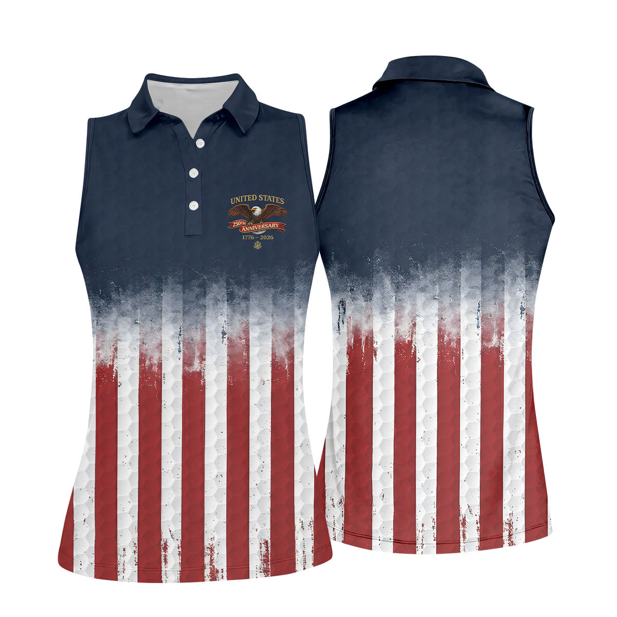 United States 250th Anniversary Distressed Flag Ladies Golf Shirts, Golf Ball Pattern Golf Shirt For Women