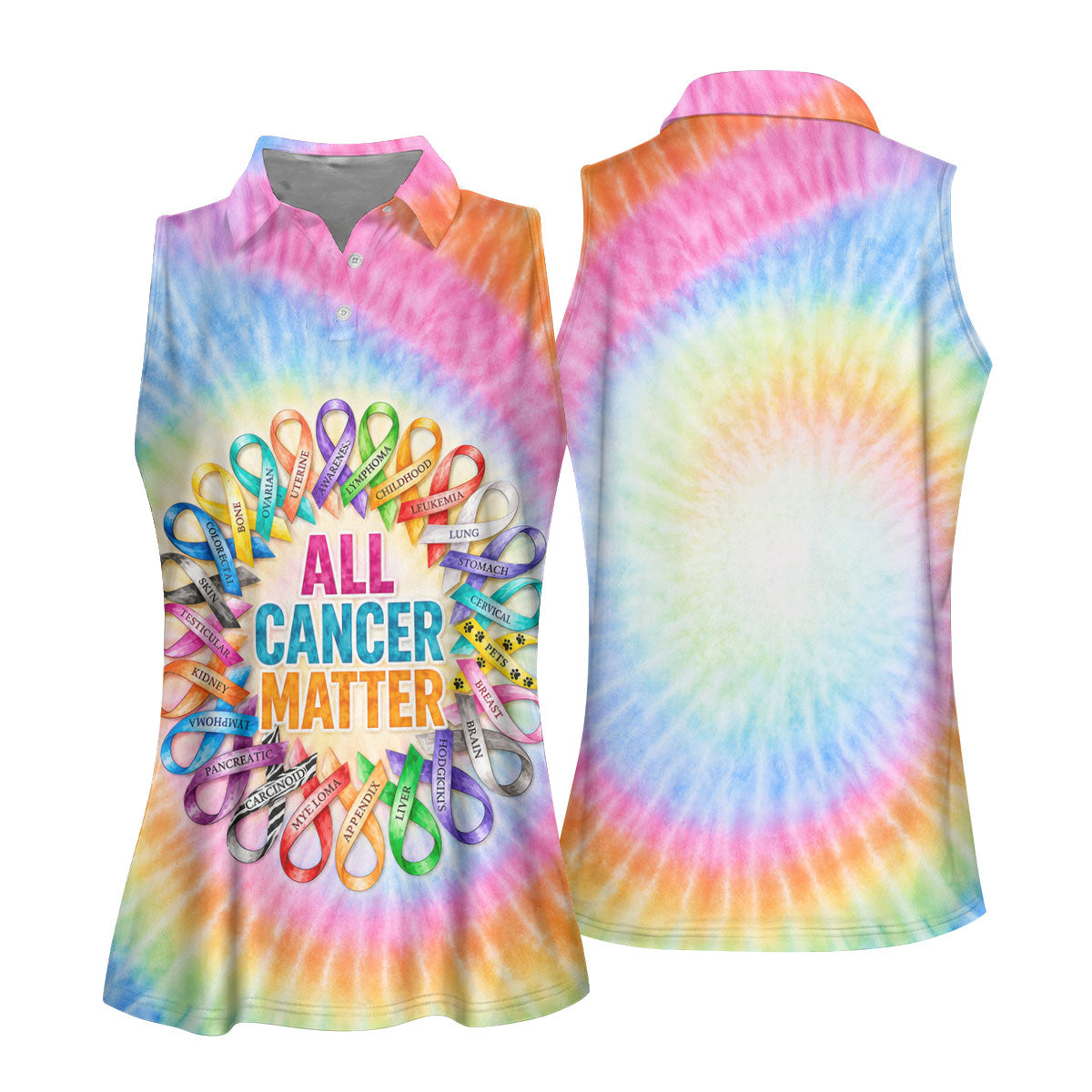 All Cancer Matter Colorful Ribbon Polo Shirt, Ladies Golf Tops, Printed Golf Shirt
