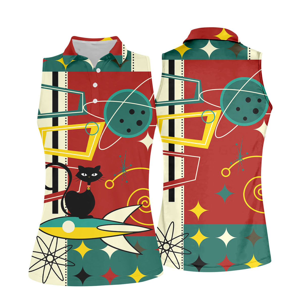 Geometric Abstraction Atomic Cat Hawaiian Golf Shirt, Retro Golf Shirt, Women's Golf Tops