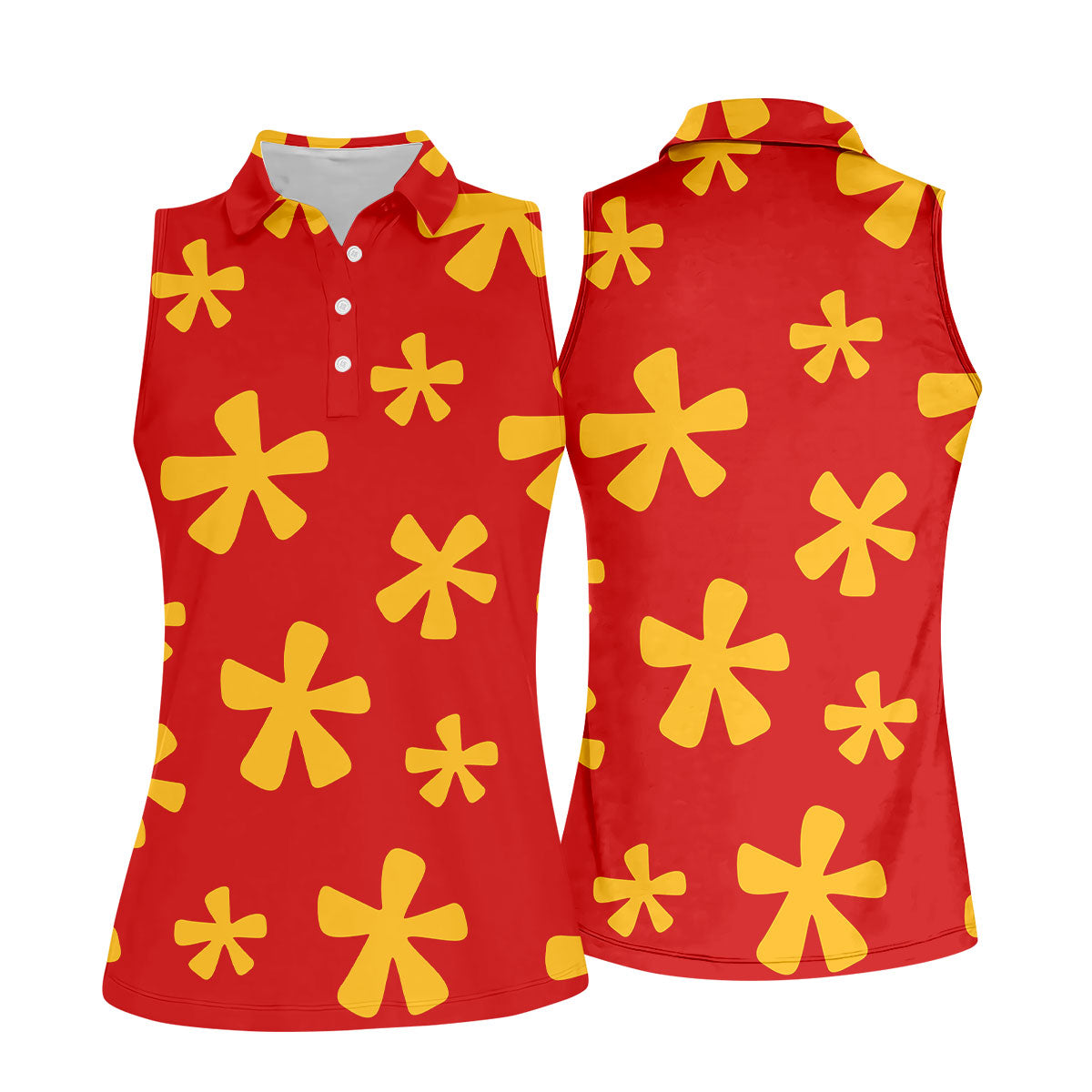 Red Hawaiian Floral Sleeveless Golf Polo, Women’s Sleeveless Golf Shirt, Golf Polo For Women