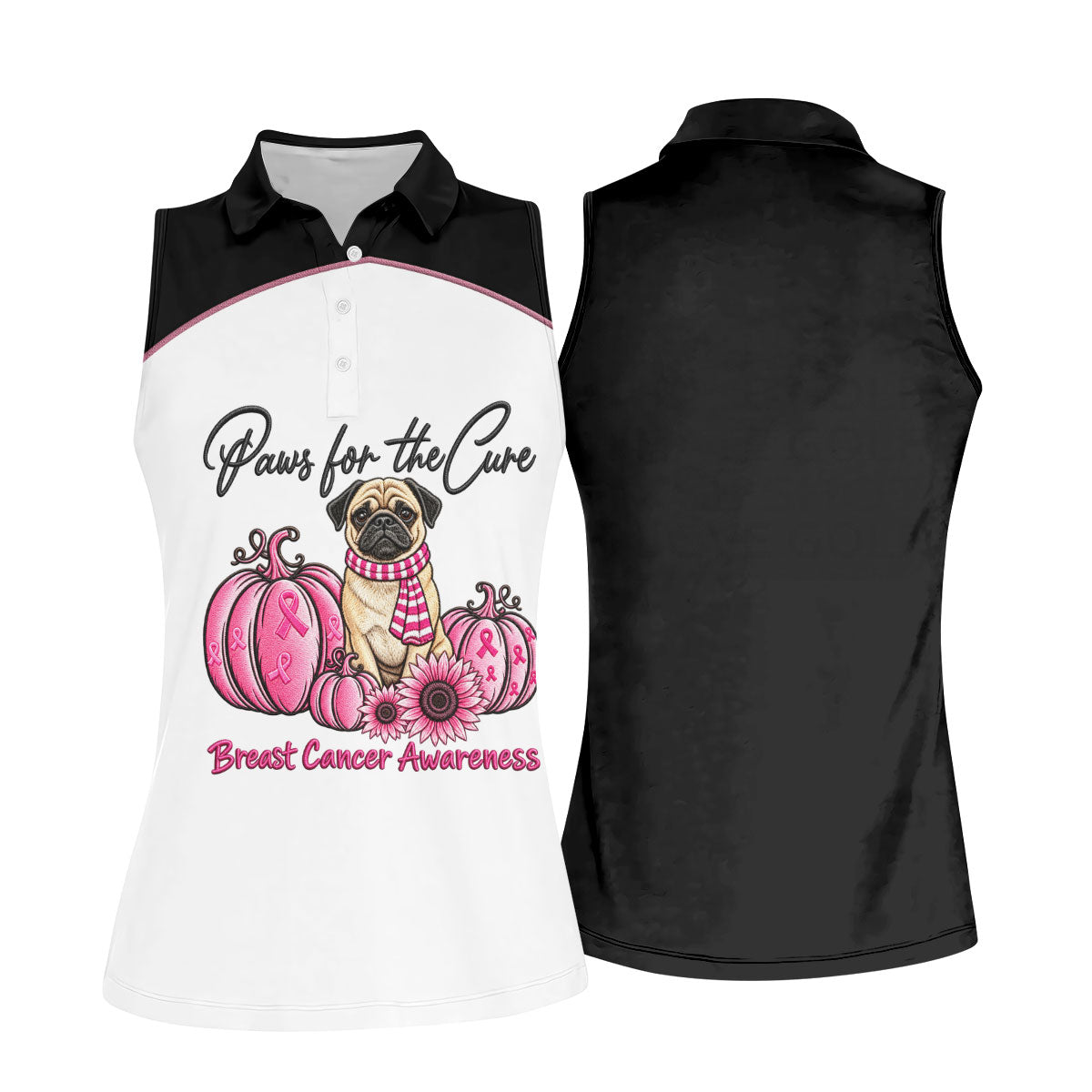 Paws For The Cure Pug Breast Cancer Polo Shirt, Womens Golf Polo, Golf Tops For Women