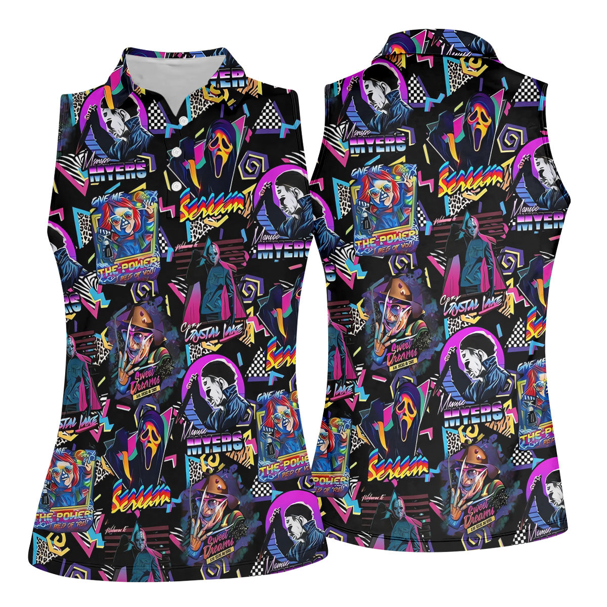 Retro Halloween Horror Character Hawaiian Golf Shirt, Women's Golf Tops, Golf Shirts For Women