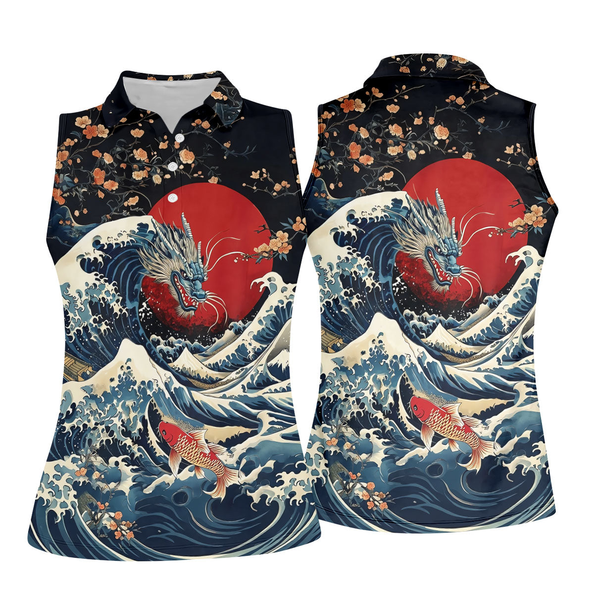 Japanese Dragon Koi Wave Hawaiian Golf Shirt, Golf Tops For Women, Women's Golf Polo