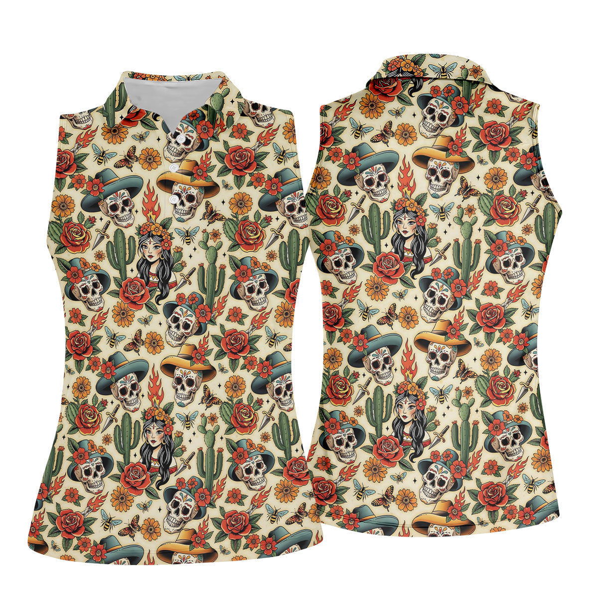 Day Of The Dead Sugar Skull Floral Polo Shirt, Womens Golf Polo, Hawaiian Golf Shirt