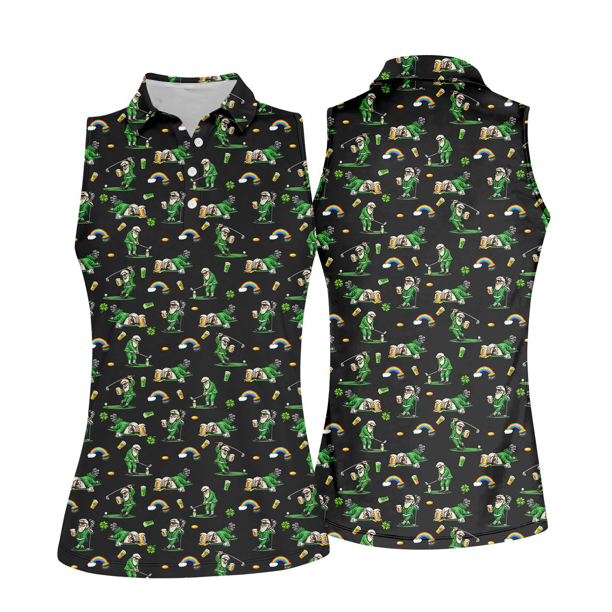 St Patrick's Day Leprechaun Character Golf And Beer Black Golf Shirt, Fun Women's Golf Shirts, Ladies Golf Polos