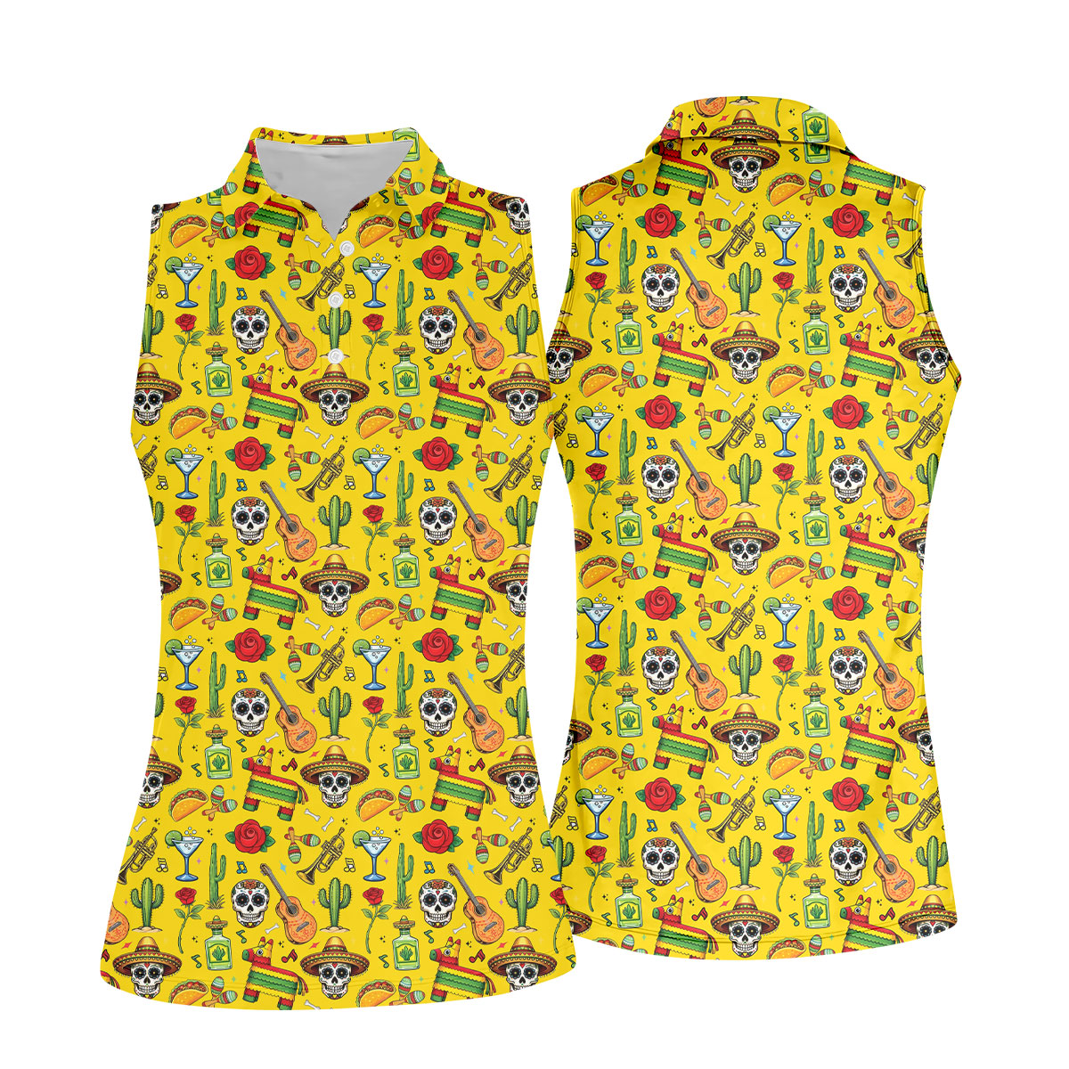 Decorated Skulls Party Items Cinco De Mayo Celebration Fiesta Themed Yellow Golf Shirt For Women