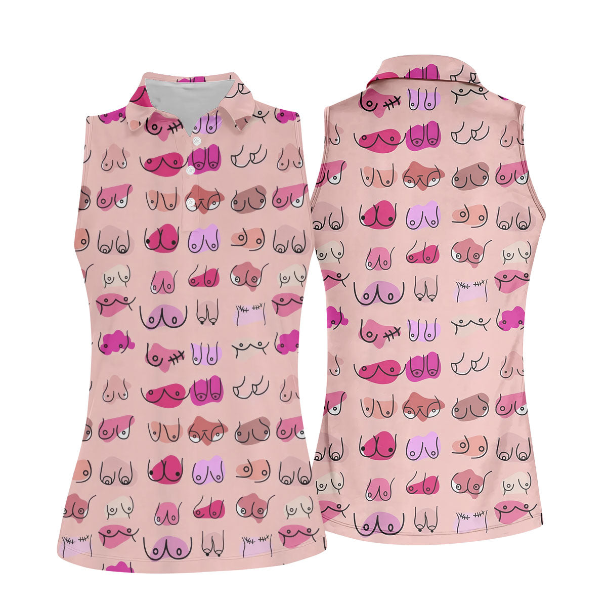 Pink Funny Boob Pattern Golf Polo Shirt, Women's Golf Tops, Golf Polo For Women