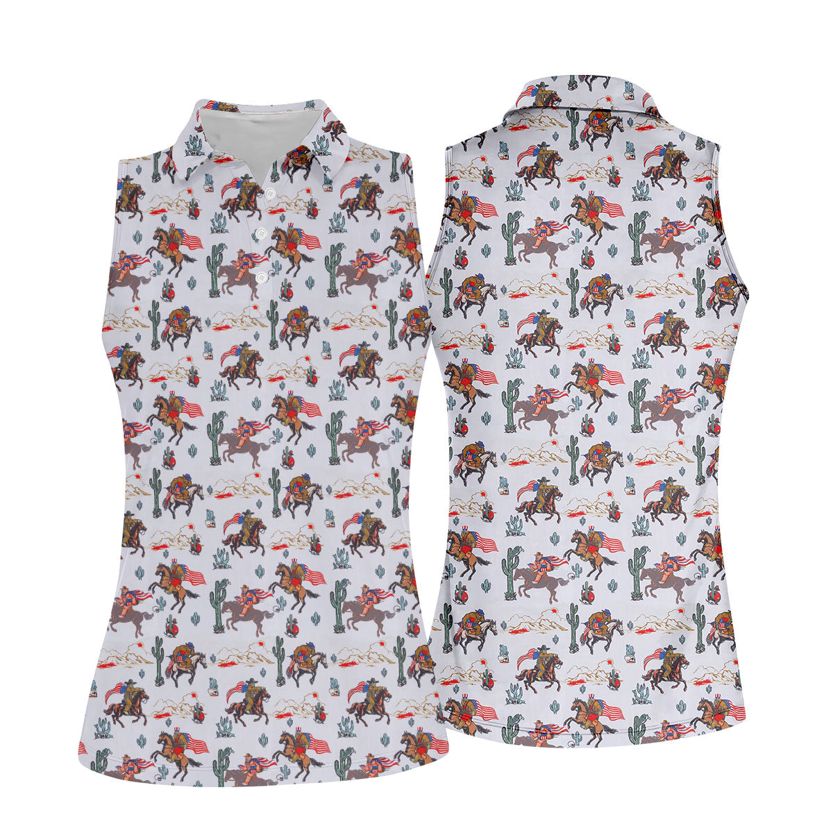 Patriotic Cowboy Horse Pattern Golf Polo Shirt, Ladies Golf Shirts, Women's Golf Polo