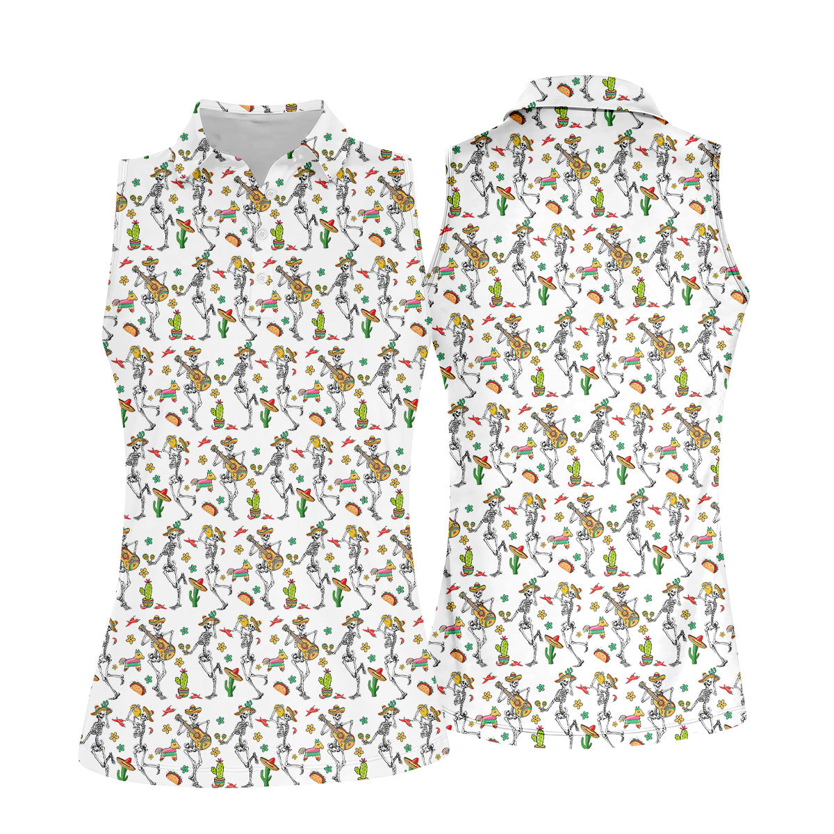 Dia De Muertos Skeletons Cinco De Mayo Celebration Fiesta Themed White Golf Shirt For Women