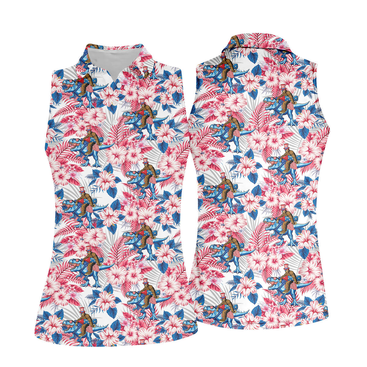 Patriotic T-Rex Bigfoot Hawaiian Floral Golf Shirt, 250 Years 4th Of July Golf Shirt For Women