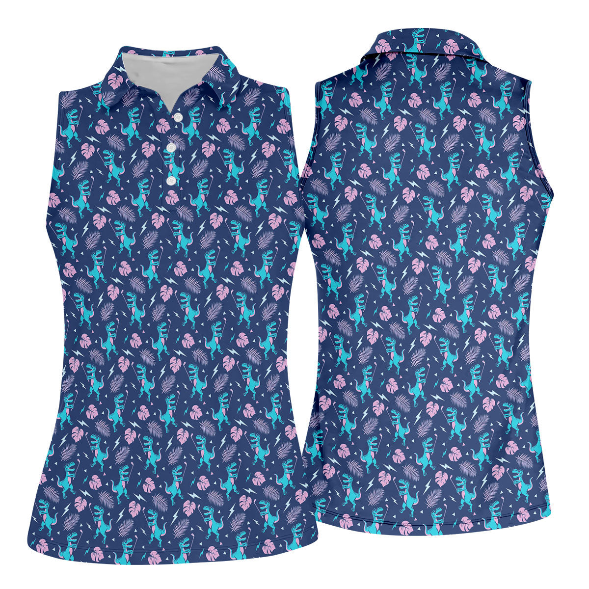 Funny Dinosaur Golfer Tropical Pattern Polo Shirt, Womens Golf Tops, Ladies Golf Shirts