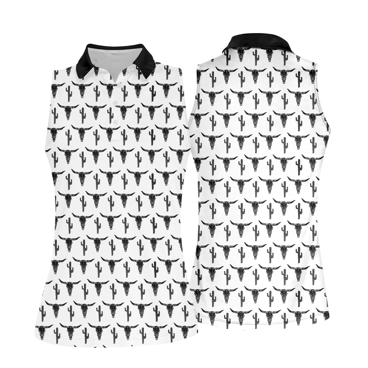 Longhorn Cow Skull Western Theme White Women Golf Top, Ladies Golf Shirts, Golf Shirt For Women