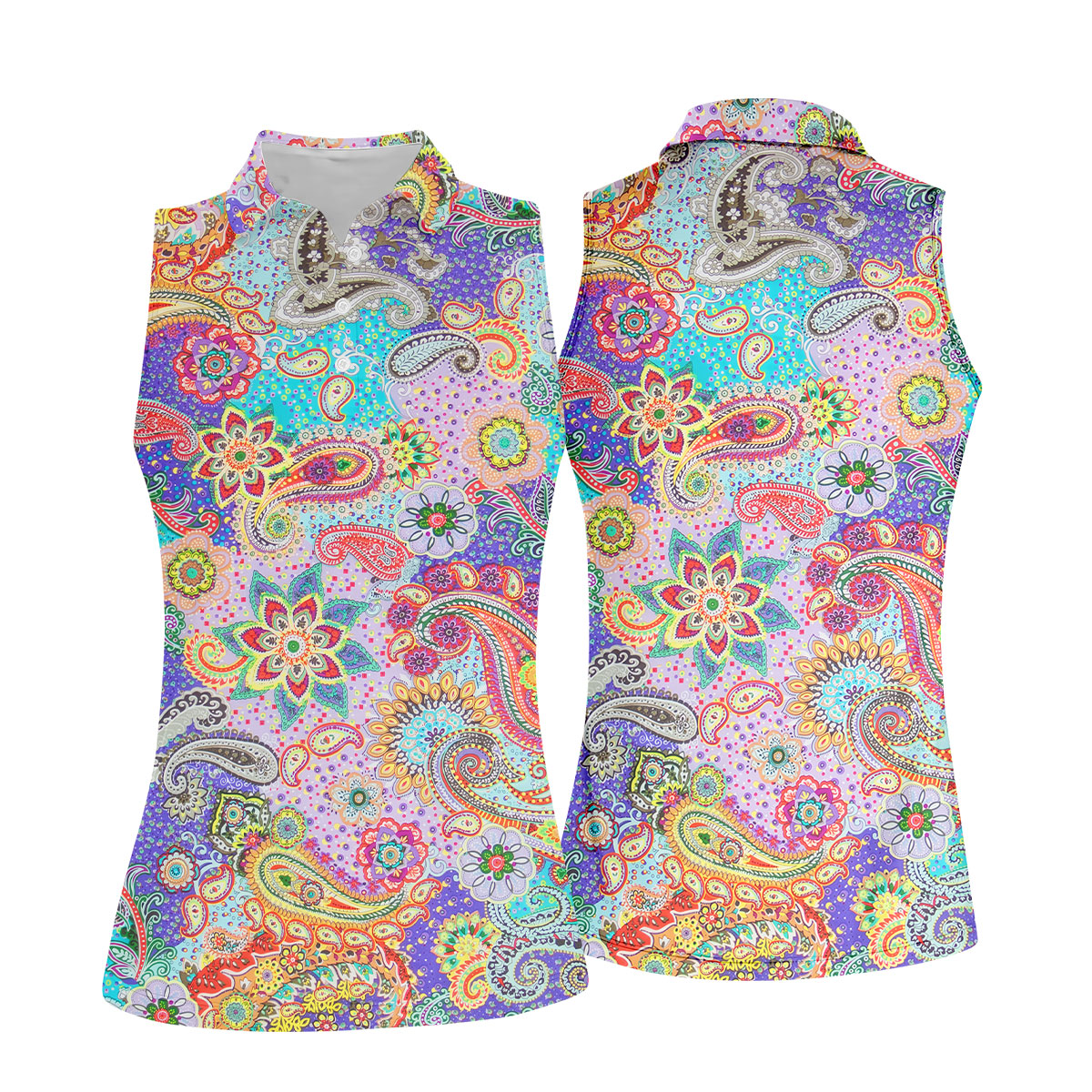 Vibrant Paisley Floral Patchwork Golf Polo Shirt, Ladies Golf Shirt, Golf Tops For Women