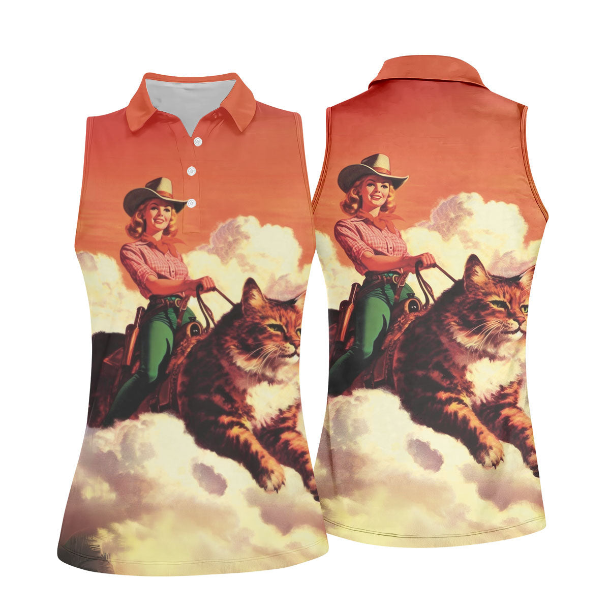 Orange Vintage Cowgirl Riding Giant Cat Golf Polo Shirt, Women's Golf Polo, Golf Shirts For Women