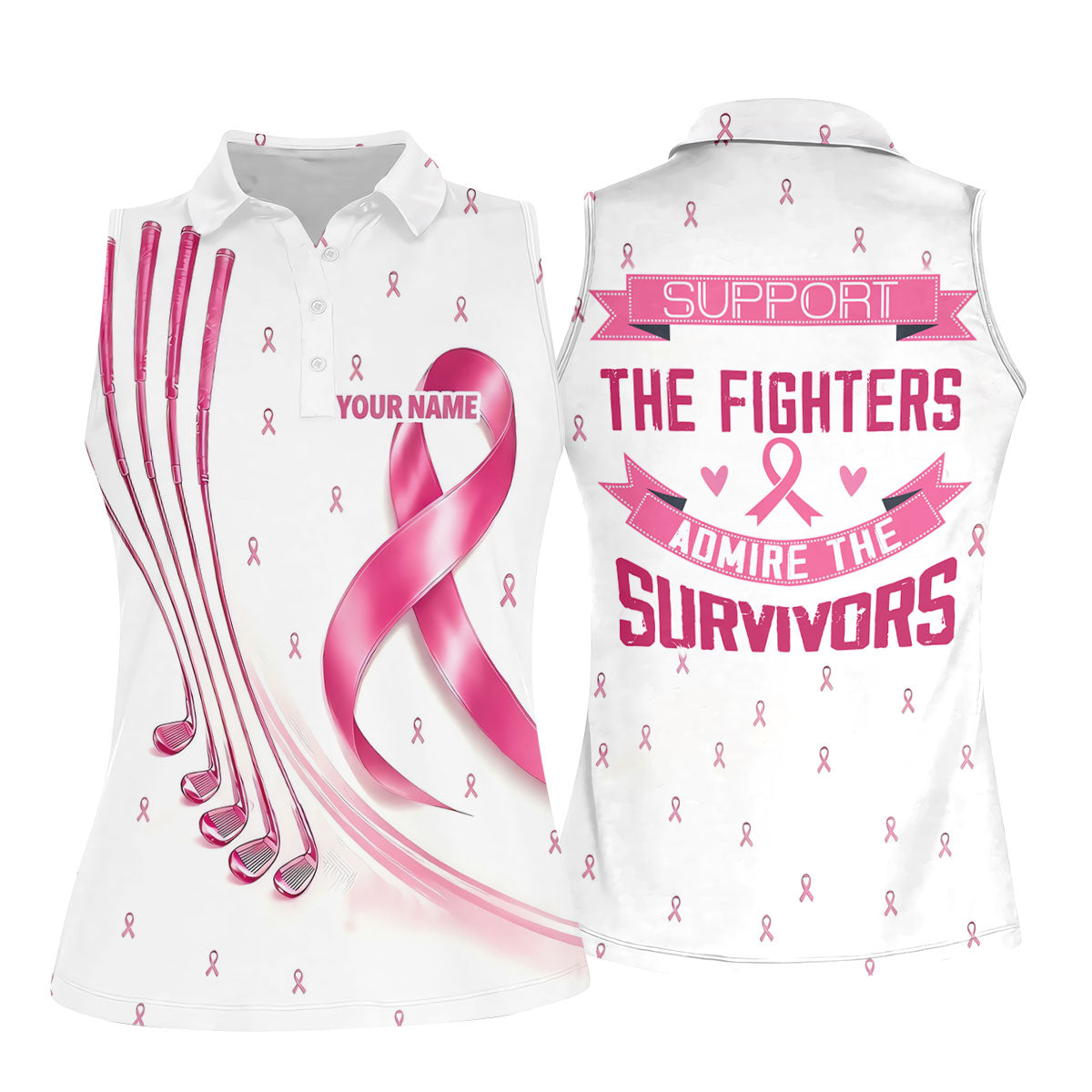 Support The Fighters Custom Pink Ribbon Golf Shirt, Ladies Golf Top, Golf Shirts For Women