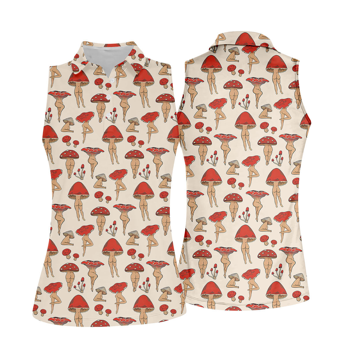 Vintage Mushroom Pin Up Pattern Hawaiian Golf Shirt, Ladies Golf Shirt, Women’s Golf Apparel
