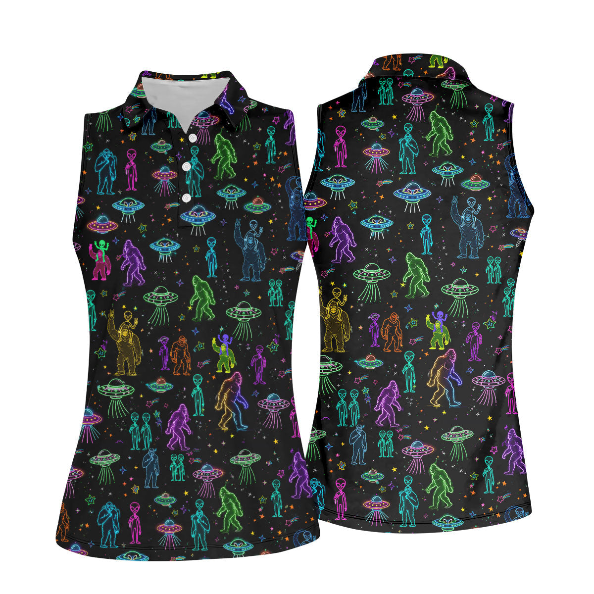 Neon Bigfoot Alien UFO Pattern Golf Polo Shirt, Women's Golf Tops, Golf Shirts For Women