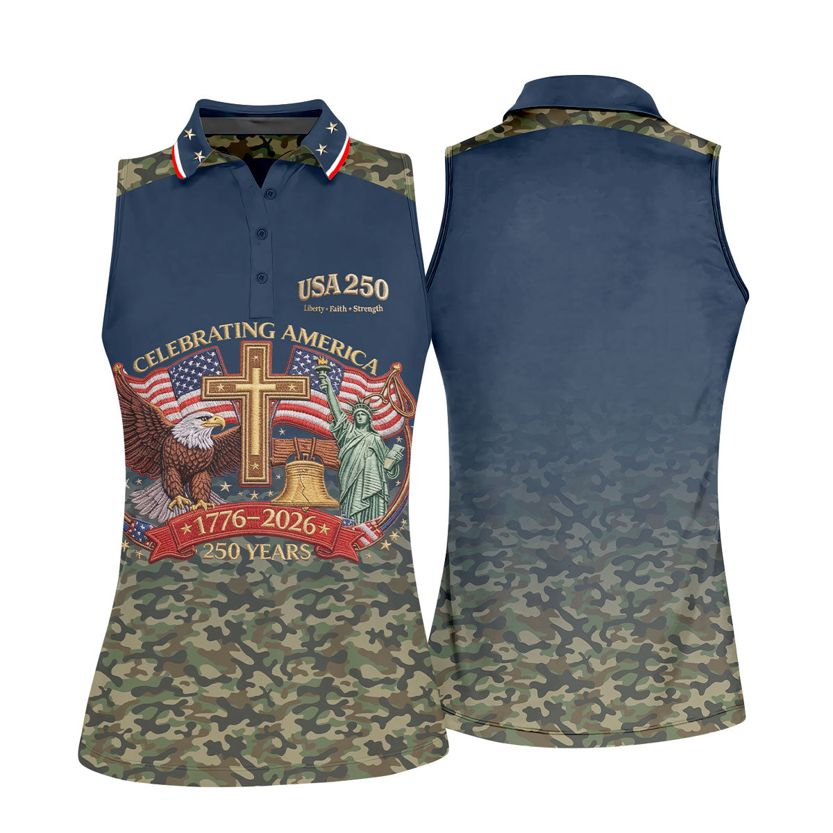Liberty Faith Strength Faith Cross USA 250 Navy Camo Golf Shirt, 4th Of July Golf Shirt For Women