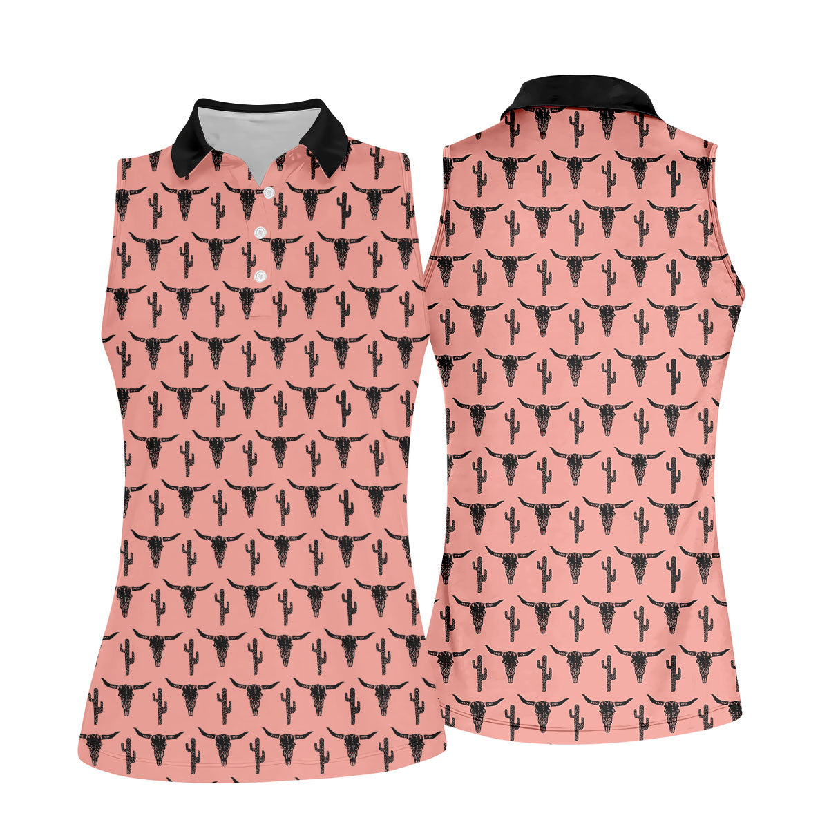 Longhorn Cow Skull Western Theme Peach Pink Women Golf Top, Ladies Golf Shirts, Golf Shirt For Women
