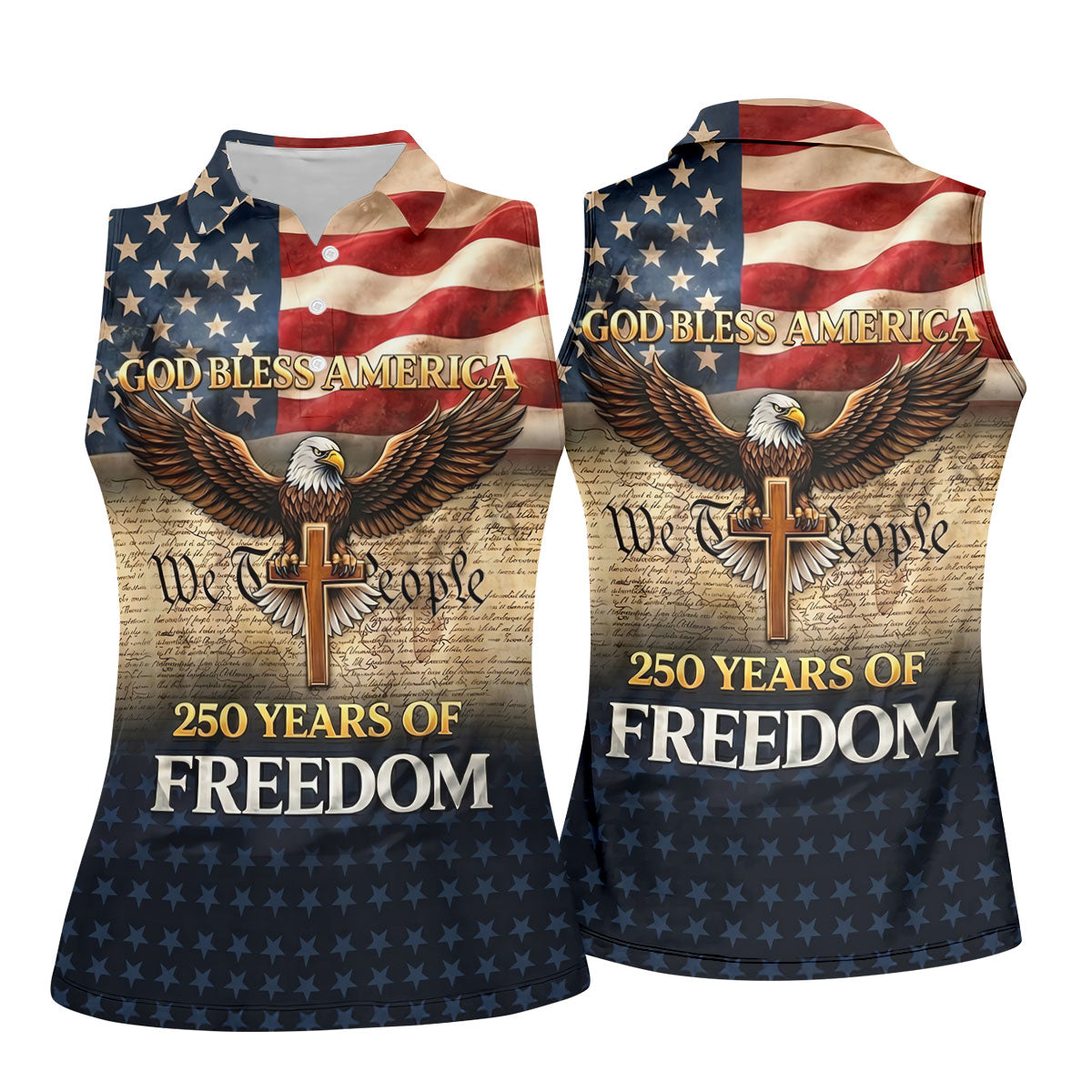 God Bless America 250 Years Of Freedom Retro Golf Shirt, Patriotic 4th Of July Golf Shirt For Women